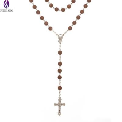 China Cheapest Wholesale Silver Cross Pendant Wooden Rosary Bead Necklace Alloy Rosary Necklace for sale