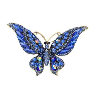 China FASHION Women Brooch Fashion Alloy Brown Plated 9cm Large Vintage Brooch Blue Crystal Butterfly for sale