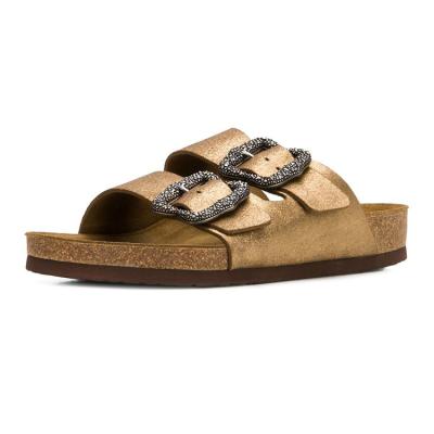 China Fashion Trend Summer Fashion Unique Open Toe Big Buckle Leather Cork Women Casual Sandals Beach Slippers for sale