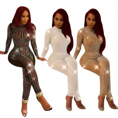 China 2022 Plus Size Club Party Wear Fashionable Sexy Long Sleeve Bodycon Rhinestone Women Simple One Piece Overalls for sale