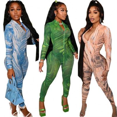 China 2022 QUICK DRY women's clothes fall printed sexy v-neck skinny one-piece overalls club wear for sale