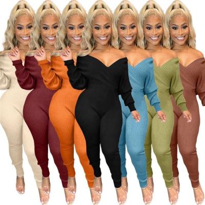 China Anti-Wrinkle Fashion Ladies One Piece Rompers Sheath Long Jumpsuits V-Neck Off Shoulder Ribbed Winter Women Overalls for sale