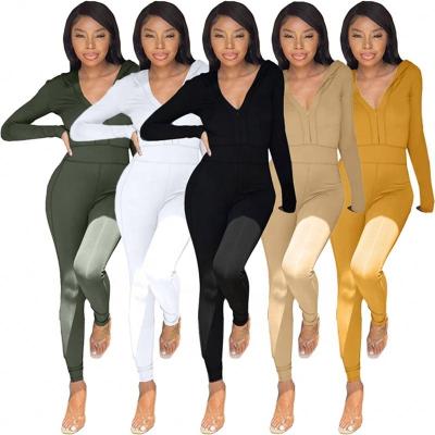 China 2022 Amazon Hot Selling QUICK DRY Women's Long Sleeve Bodycon Hoodie Zipper Solid Color V-Neck Overalls Autumn Sexy Deep Women's Overalls for sale