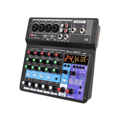 China Outside Performance 6 Channel Mixer Professional Audio Console Built-in Digital Sound Card For Computer Smartphone Singing Music Recording for sale