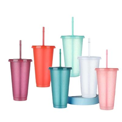 China Amazon Viable Hot Sale 710ml 16oz Glitter Reusable Plastic Coffee Cup With Straw Lip For Party for sale