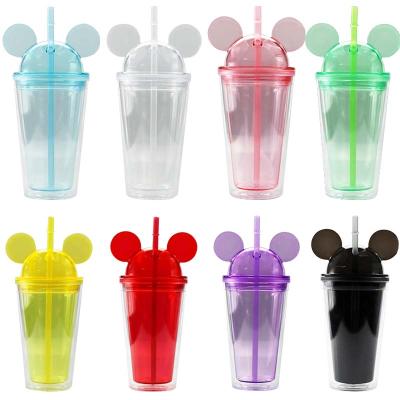 China Wholesale Viable Double Wall Tumbler Cup Clear 16oz Mickey Minnie Mouse Head Ear AcrylicTumbler With Dome Lid for sale