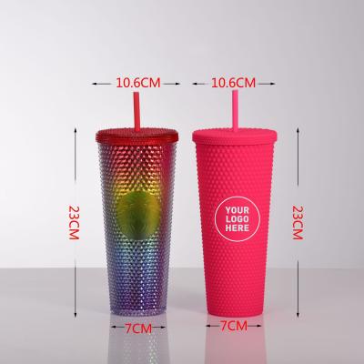 China 2021 Viable Popular 24oz Studded Tumbler Double Wall Plastic Purple Light Blue Black Matte Studded Tumbler With Straw for sale