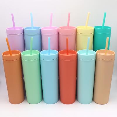 China Viable Wholesale 16oz Pastel Colored Acrylic Mugs With Lids And Double Straws Wall Matte Plastic Tumblers Customizable Gifts Mugs for sale