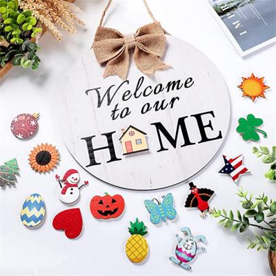 China Europe Welcome Sign Interchangeable Front Door Decor Rustic Wood Seasonal Home To Our Home Sign Wall Hanging Decoration for sale