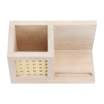 China New Europe Style Home Living Room Decor Rattan Wood Desk Knit Rattan Pen Holder With Mobile Phone Stand for sale