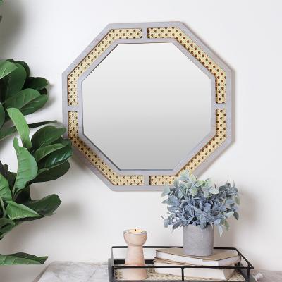 China New Arrival Eco-friendly Wooden Hexagon Framed Wall Mirror Rattan Decor Wall Decor Rattan for sale