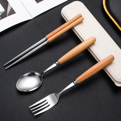 China Disposable Eco-Friendly Wood Spoon Fork Dessert Dinner Handle Stainless Steel Western Dinnerware Set for sale