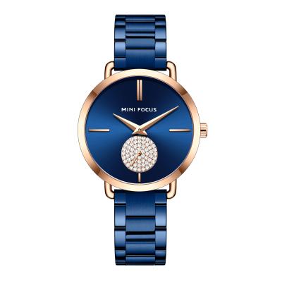 China Luxury Waterproof Diamond Bordered Women Watch Blue Sun Simple Big Round Dial Pattern Waterproof Steel Band Montre Femme for sale