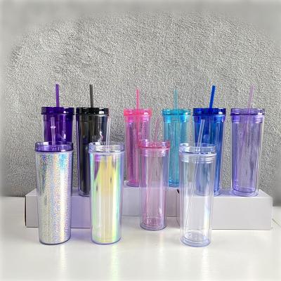 China Clear 16oz Disposable Acrylic Double Wall Skinny Tumbler With Lid And Plastic Straw Mug Cups Insulated Reusable Tumbler for sale