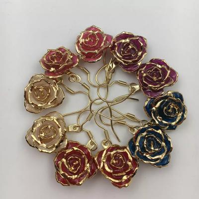 China Beautiful Colors Multiple Color Jewelry Gold Plated Eardrop Real Rose Shaped Flower Earrings for sale