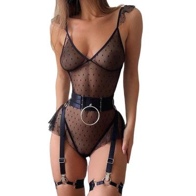 China New Fashion Polyester Comfortable Black Slim Women Soft Lace Up Bodysuit Lingerie Sets for sale