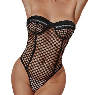 China Hot Sale Cheap Custom Black Rectangle Mesh Women Bodysuits Polyester Lingerie for sale