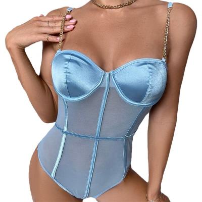 China Various Polyester Goods Wearing Blue Transparent Polyester Jumpsuit Women Sexy Lingerie for sale