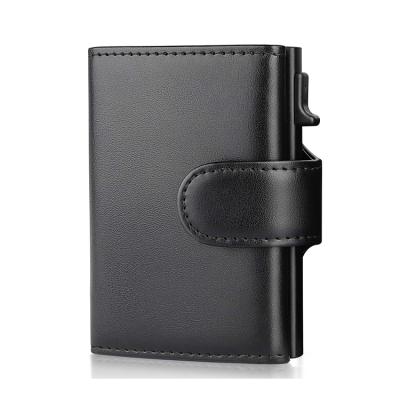 China Flip Coin Pocket Men's RFID Side Push Up Box Wallet Aluminum Multifunctional Genuine Leather Genuine Leather Automatic Pop Up Metal Wallet for sale