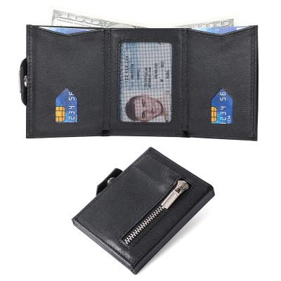 China New Style RFID Leather Men's Wallet Triple Card Wallet RFID Coin Zipper Purse RFID Card Holders First Layer Slim Short Cowhide for sale