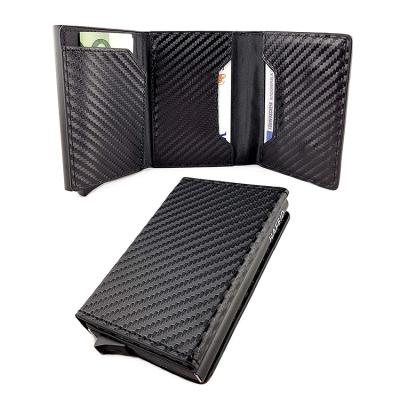 China 100% New Design Carbon Fiber Leather Card Holder Slim Aluminum PU Front Pockets Eco-friendly RFID Blocking Wallet for sale