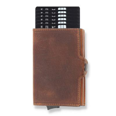 China Vintage RFID Business Men's ID Card Holder Pop Card Holder Slim Thin Aluminum Genuine Leather Wallet Card Case for sale