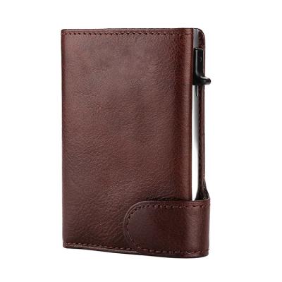 China 2020 New and Hot Factory Customized RFID Blocking Side Push Button Men's RFID Blocking Minimalist Aluminum Leather Wallet Credit Card Holder for sale