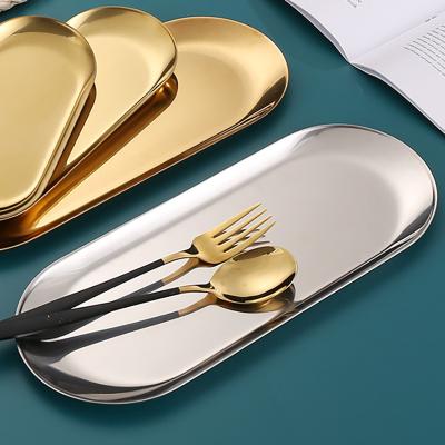 China Disposable Korea Style Stainless Steel Metal Oval Plate Gold Tray Dessert Steak Fruit Dinner Plate Small Tableware Plates for sale