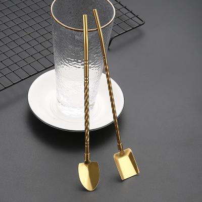 China Disposable Stainless Steel Spade Straw Spoon Creative Two-in-one Coffee Stirring Spoon Threaded Straw Spoon for sale