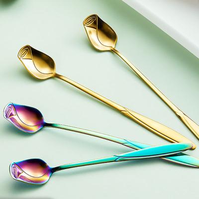 China Factory Disposable New Design Food Grade Color Stainless Steel Tea Coffee Ice Cream Rose Spoon Long for sale