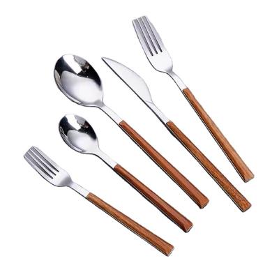 China Disposable Hot Selling Amazon Handle Stainless Steel Wooden Spoon, Fork and Knife Portable Flatware Metal Cutlery Set for sale