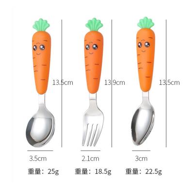 China Disposable Baby Feeding Puree Spoon Kids Radish Flaware Stainless Steel Spoon Fruit Fork Set Portable Cutlery For Child for sale