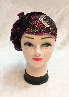 China New Stylish African Short Summer Under Scarves Head Cover Hijabs Stretch Chemo Hats Polyester Shimmer Floral Lace Lady Turban Hats for sale