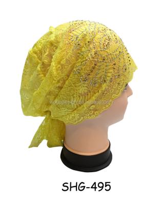 China New Coming Fashionable Outstanding Muslim Inner Jewelry Stones Short Coming Hat Scarves Chemo Cap Yiwu Supplier Ladies Lace Up Head Wrap for sale