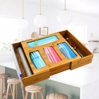 China SOPEWOD Sustainable Bamboo Expandable Bag Storage Organizer and Dispenser Kitchen Drawer Ziplock Organizer for sale