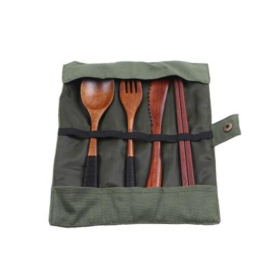 China Viable Wholesale Bamboo Wooden Cutlery Set For Travel With Carry Bag for sale