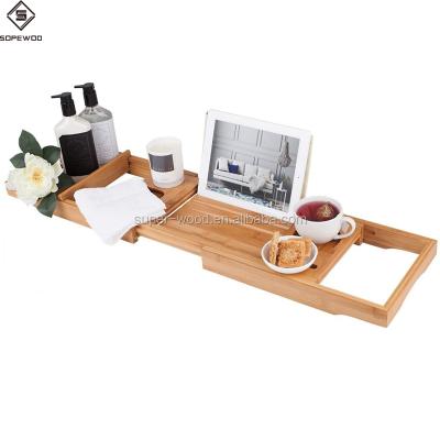 China Viable Wholesale Bathroom Tub Caddy Natural Bamboo Tray for sale