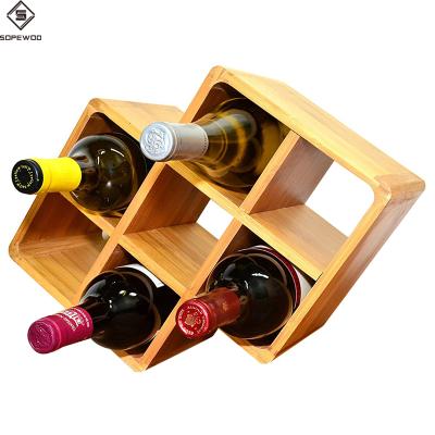 China SOPEWWOD Geometric Design 7-Bottle Viable Storage Organizer Bamboo Countertop Wooden Wine Rack To Suit Decor for sale