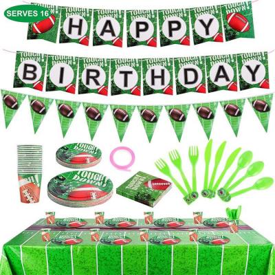 China Modern Hot Paper Cups Plates Rugby Ball Kids Birthday Banner Football Theme Party Tableware Set Suppliers for sale