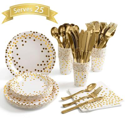 China Fashional Bronzing Dots Knife Fork Spoon Paper Cup Tissue Plate Tissue Birthday Party Tableware Set for sale