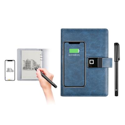 China 3 in 1 Record Fingerprint Lock A5 PU Cover Notebook Power Supply with Magnetic Lock Audio Wireless Charging Notebook for sale