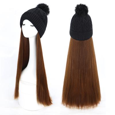 China Long Straight Black Brown Wig And Cap Connection Natural Synthetic Hair Female Full Headdress Woman Hand Knitted Cap Wigs for sale