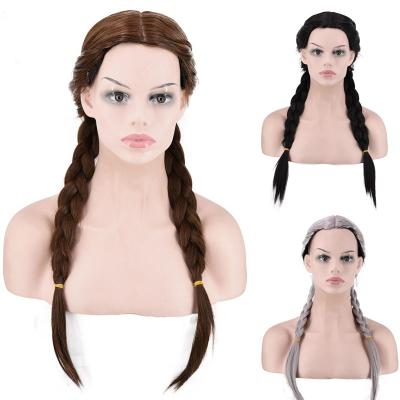 China Natural Kinky Curl Hairline Brown Ponytail Synthetic Lace Front Wig With Baby Hair Double Braids Heat Resistant Fiber Middle Part for sale