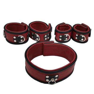 China Adult High Pleasure Adult Sex Games Black And Red Leather Handcuffs Shackles Collar Kits Used For Love Games Between Couples for sale