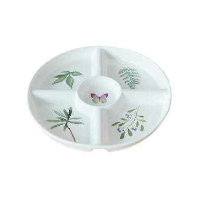 China Sustainable Dinner Set Luxury Garden Ceramic Serving Tray Round 5 Compartment Decorated With A Butterfly-and-Leaf Design for sale