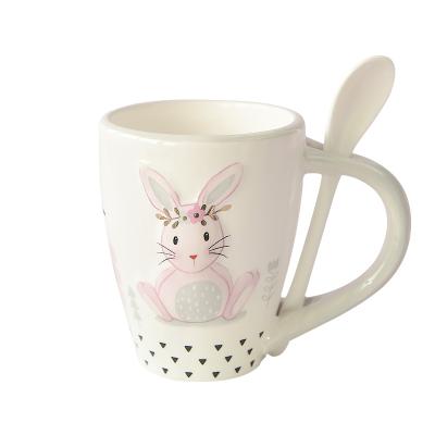 China Viable Rabbit with Gold Laurel Wreath Ceramic Mug Cup with Spoons Tableware Pink Easter Gift for sale