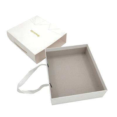 China Custom Logo High Quality Packaging Bag Recyclable With Slide Drawer Gift White Luxury Shopping Paper Bags With Ribbon Handle for sale