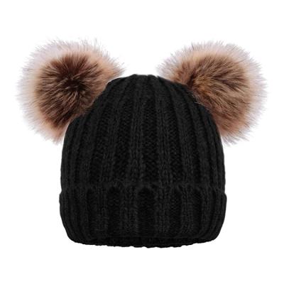 China 2021 COMMON New Knit Beanie Ears Winter Hats With Faux Fur Pompom For Women for sale