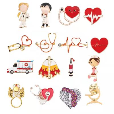 China Fashionable Unique Medical Nurse Stethoscope Brooch Pin Gold Plated Enamel Heartbeat Series Lapel Pin Brooch For Men Women for sale