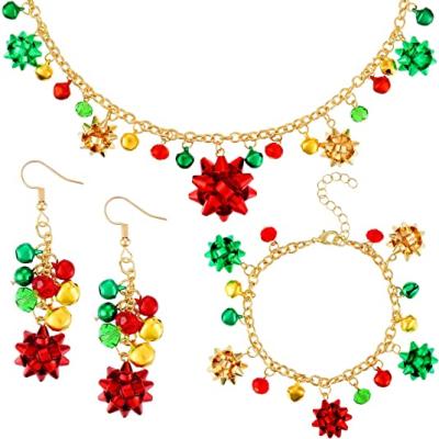 China Environmental Friendly 4 Pieces Jewelry Gift Necklace Bracelet Earring Set Christmas Bow Pendant Necklace Environmentally Friendly For Women Party for sale